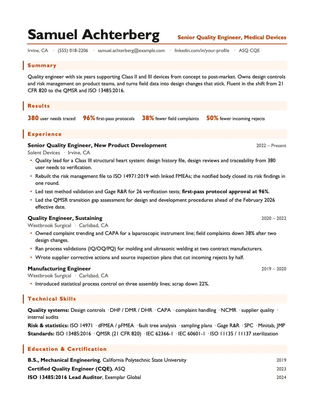Design Control resume template, page 1: a sample quality engineering, medical devices resume