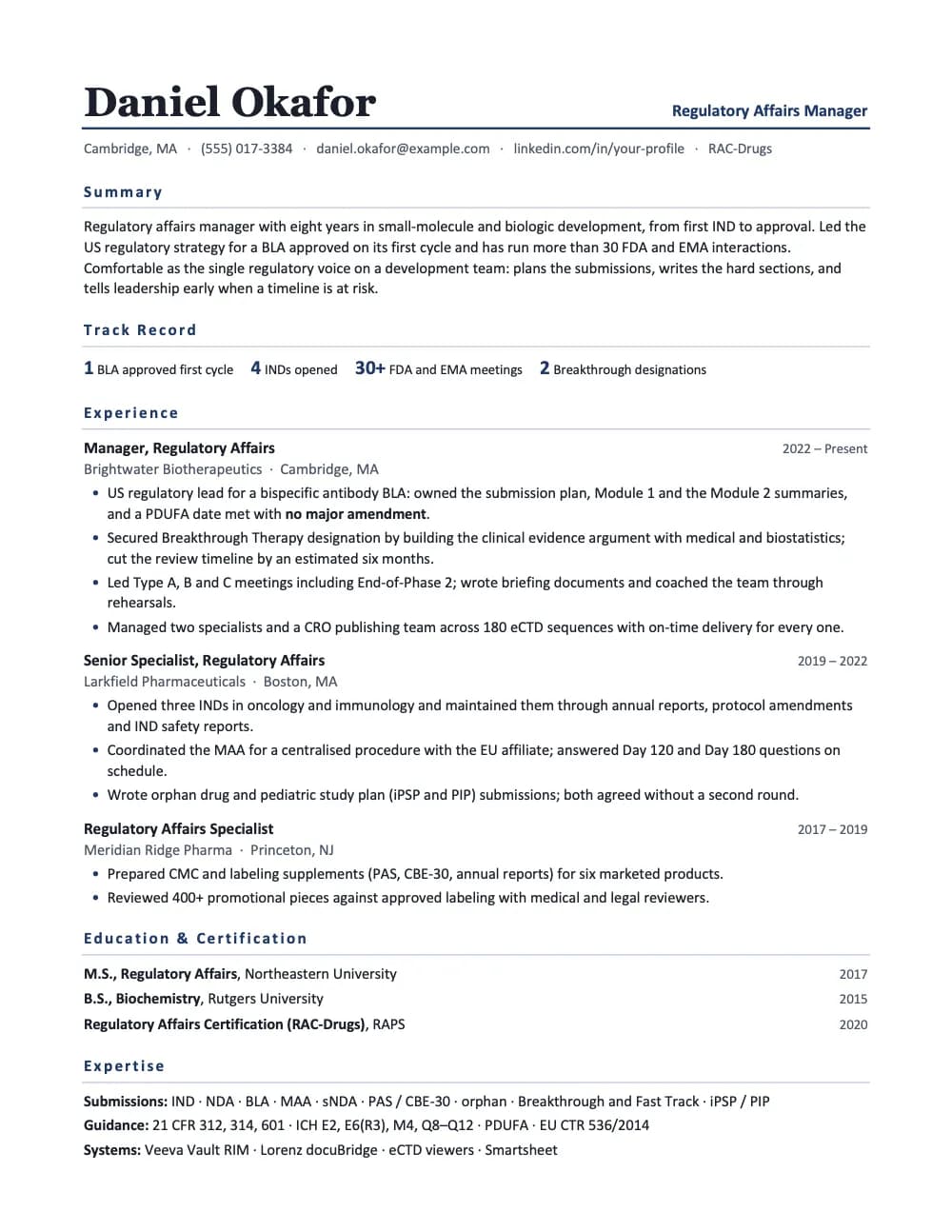 Dossier resume template, page 1: a sample regulatory affairs, pharma & biotech resume