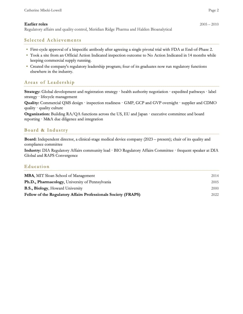 Executive resume template, page 2: a sample director, vp and head of regulatory or quality resume