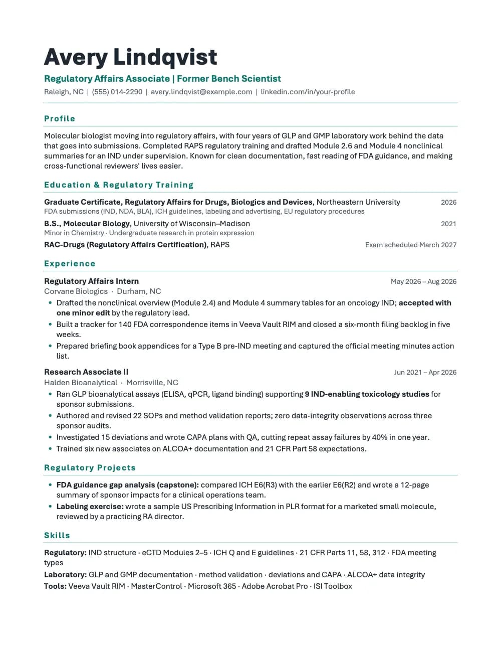 Launch resume template, page 1: a sample entry-level regulatory affairs resume