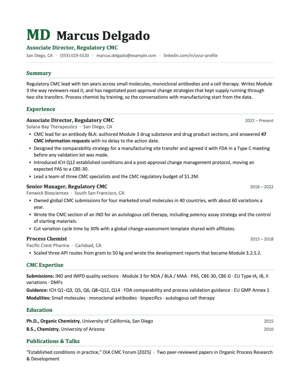 Molecule resume template, page 1: a sample regulatory cmc resume