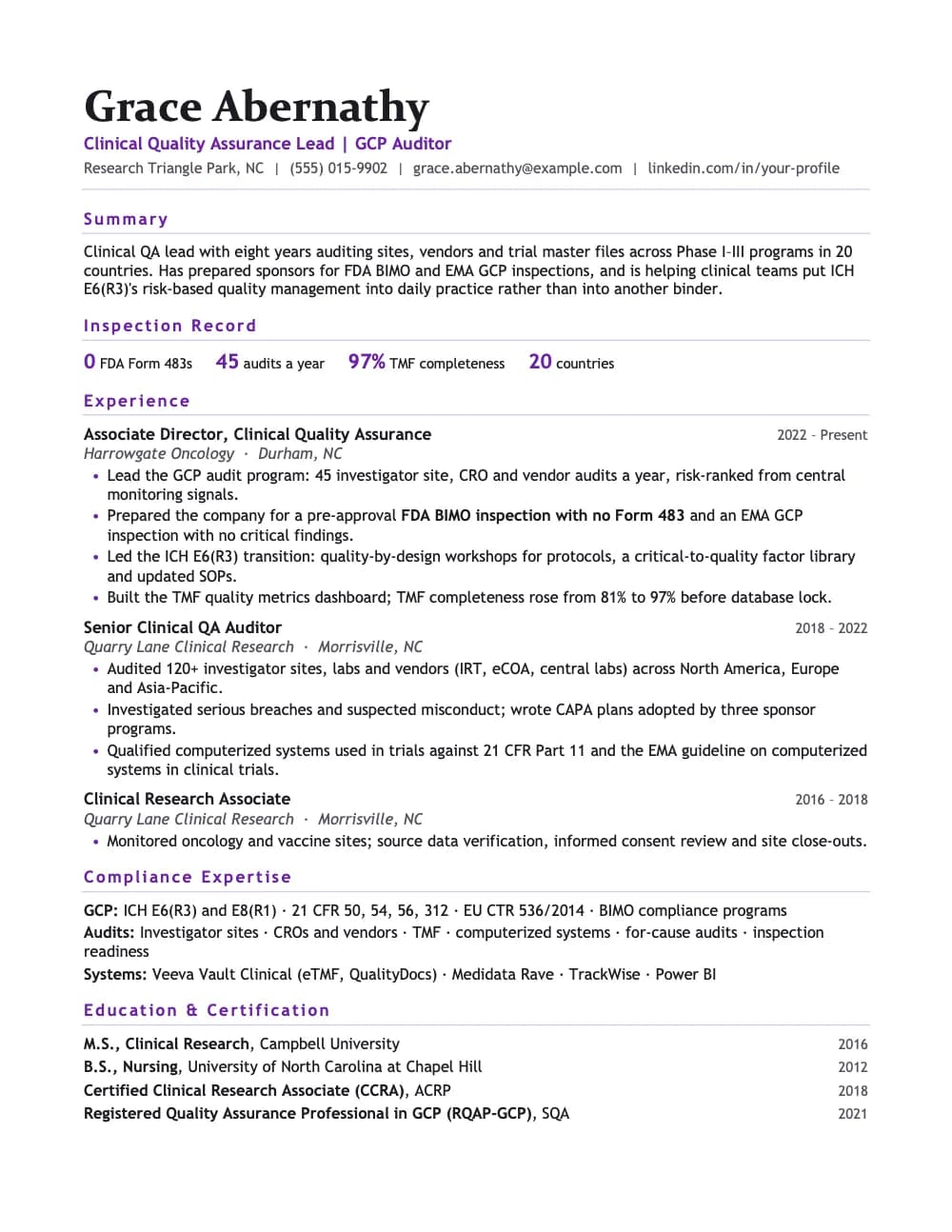 Protocol resume template, page 1: a sample clinical quality & gcp compliance resume