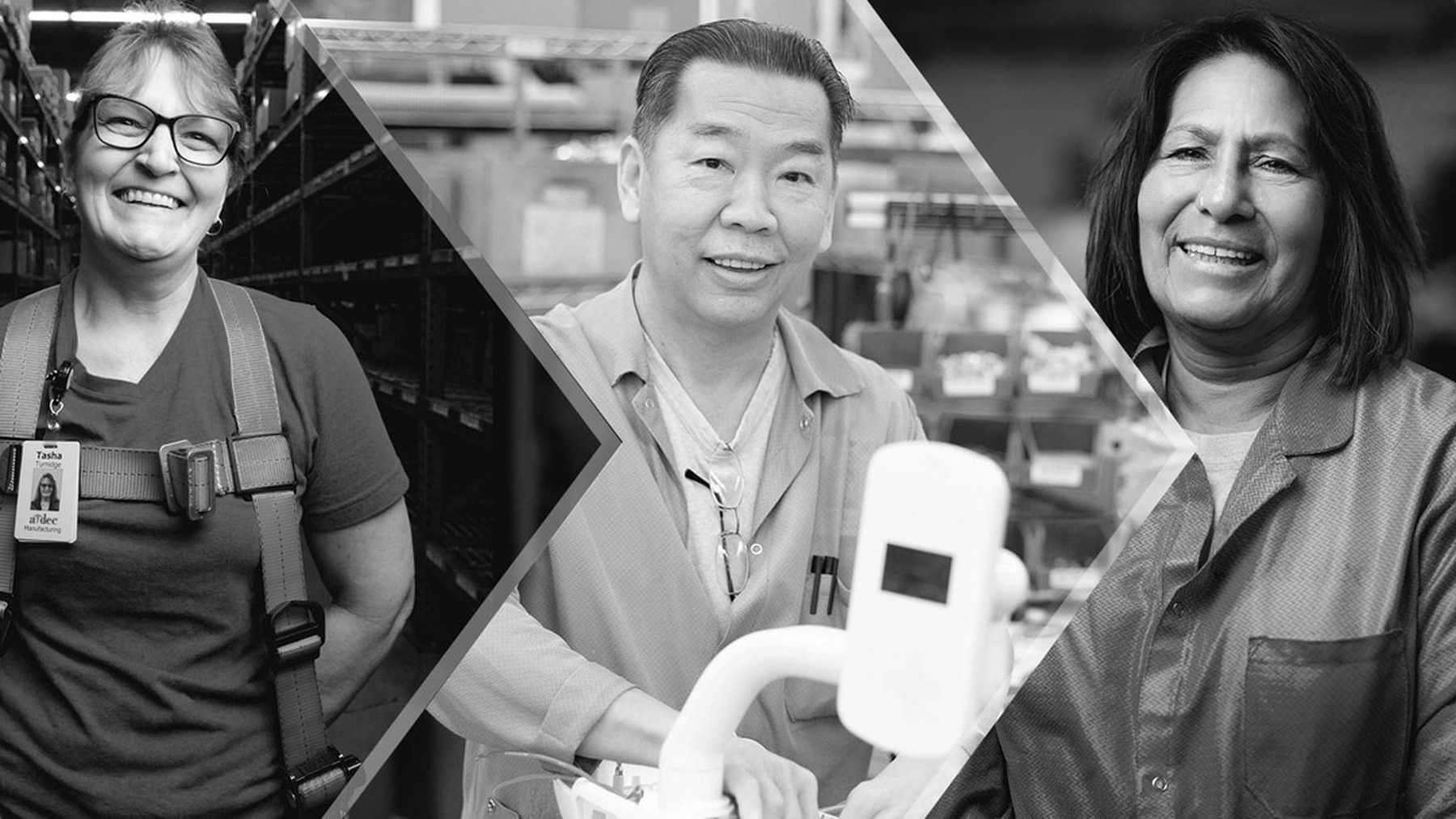 Three A-dec employees pictured at work in shipping, manufacturing and assembly