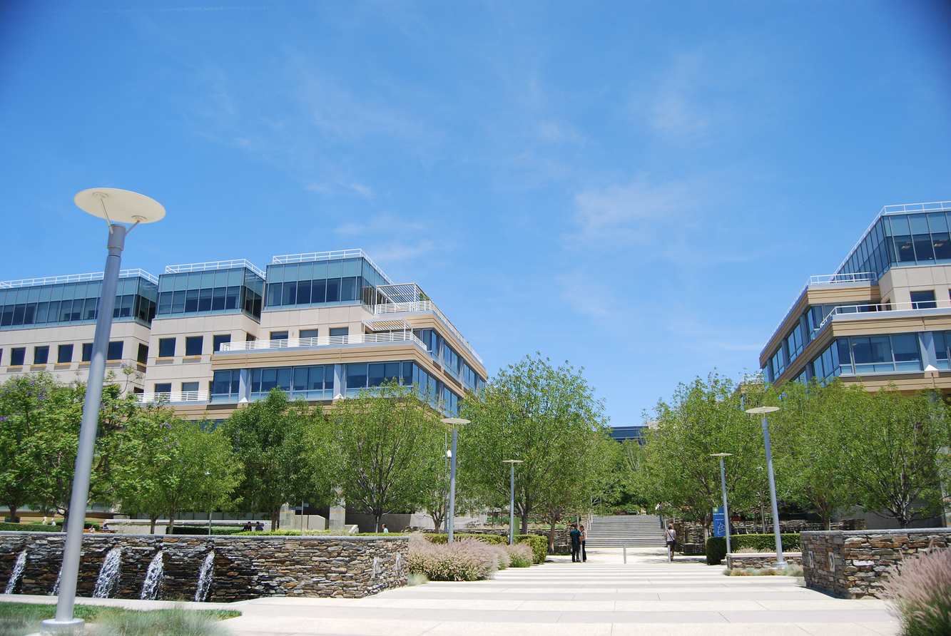 Amgen office buildings around a landscaped plaza at its Thousand Oaks, California headquarters