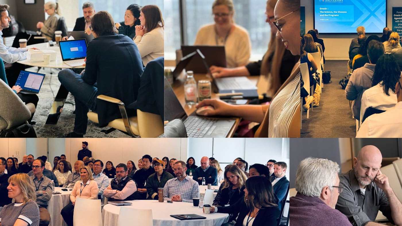 A collage of Centessa colleagues at laptops around a meeting table and listening to a company presentation