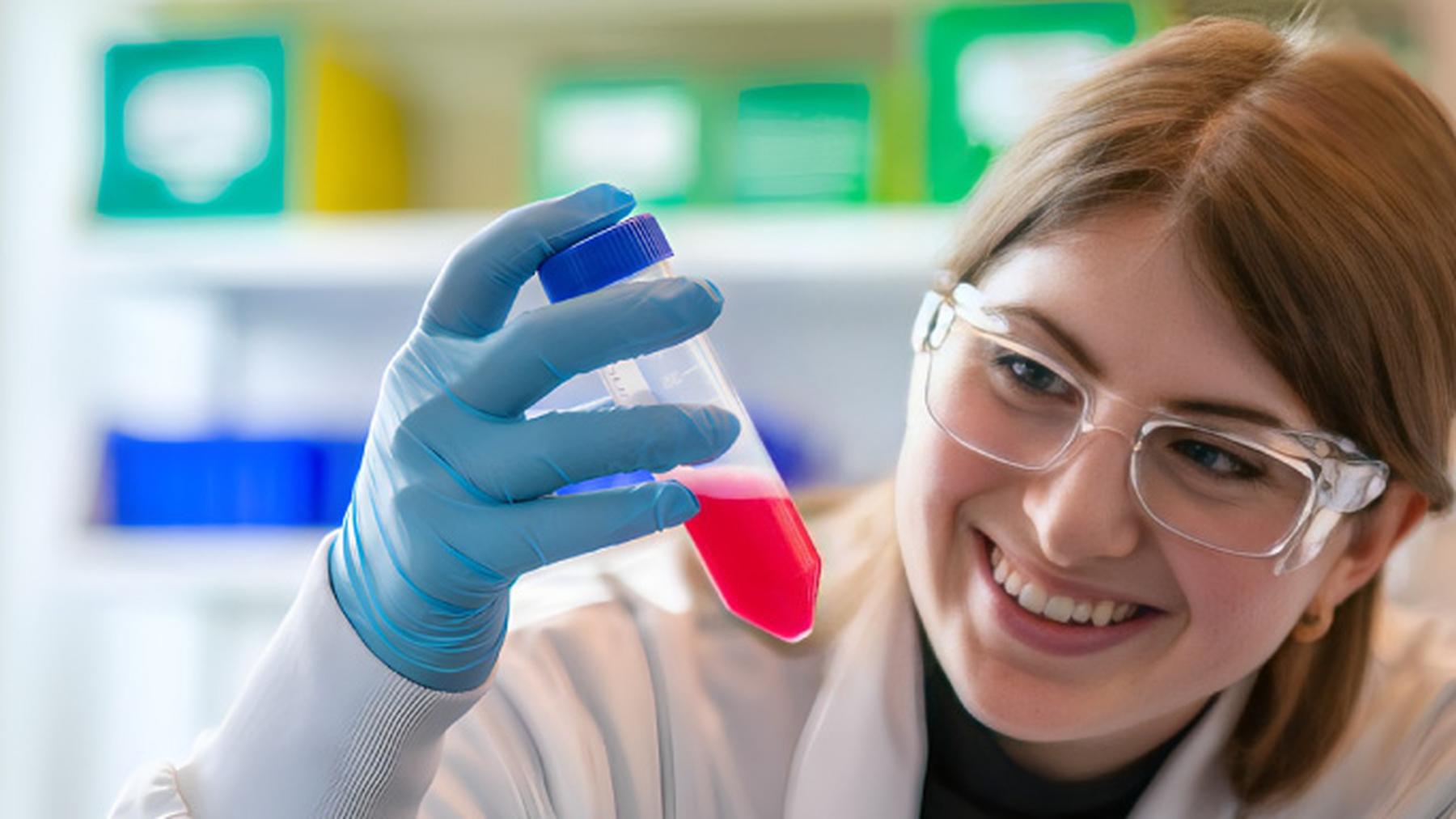 A Compass researcher smiling as she examines a sample in the laboratory