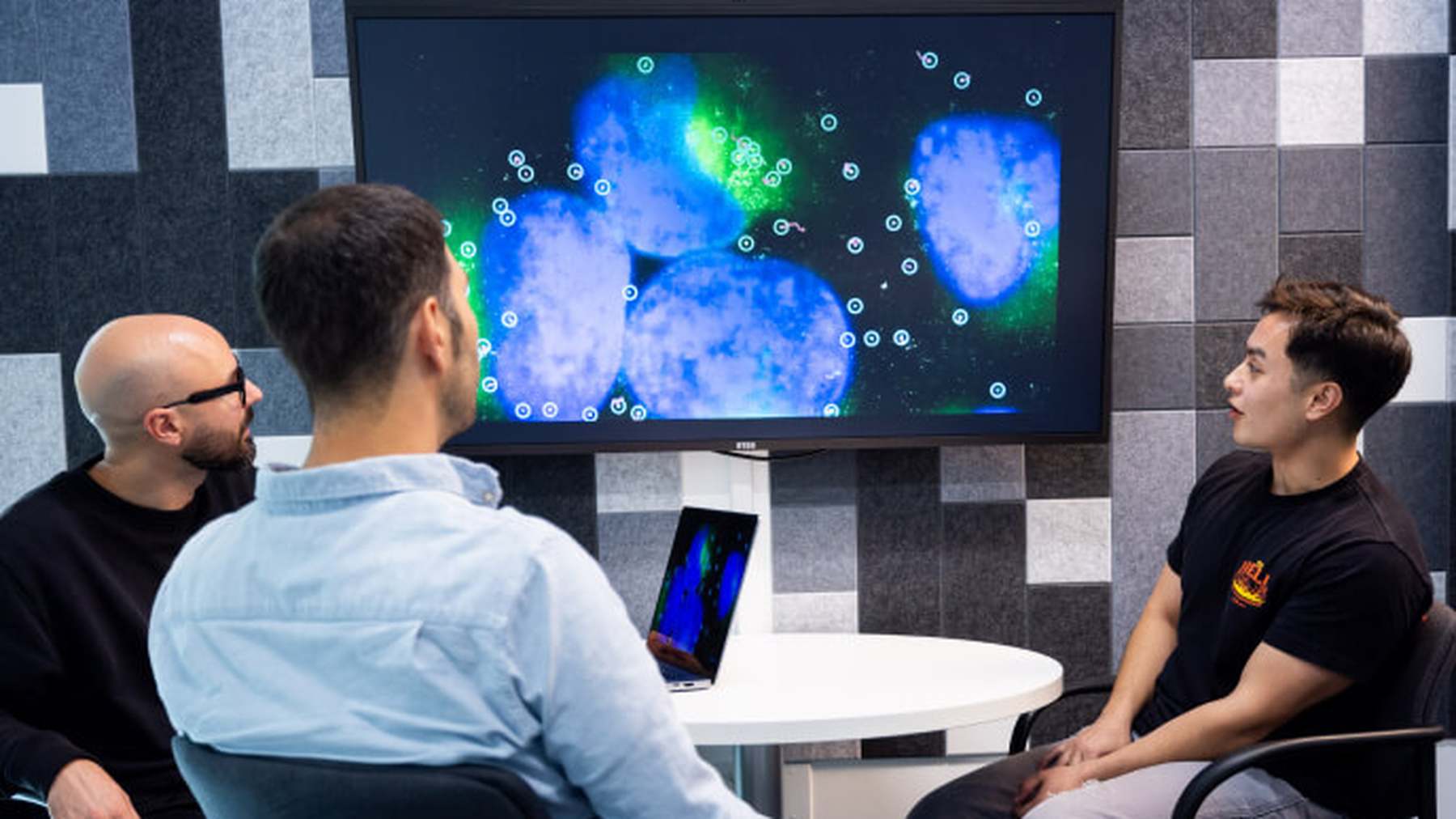 Eikon colleagues discussing scientific images around a meeting table