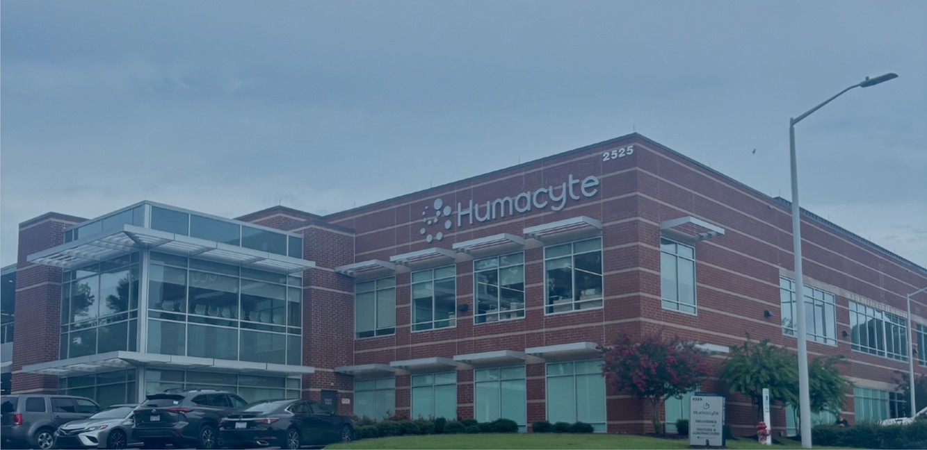 Humacyte's brick headquarters building in Durham, North Carolina, with the Humacyte name on its facade