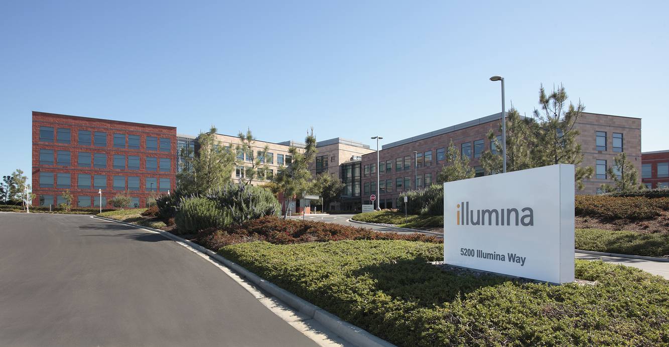 The Illumina sign at 5200 Illumina Way in front of its San Diego headquarters buildings