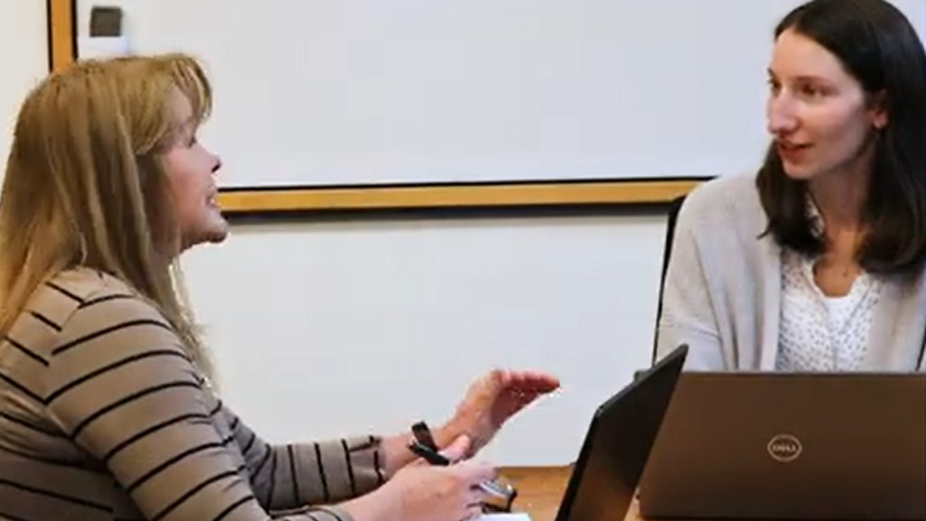 InBios colleagues discussing their work together in the office