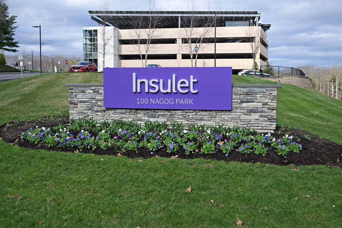 The Insulet sign at 100 Nagog Park in front of the company's Acton, Massachusetts headquarters