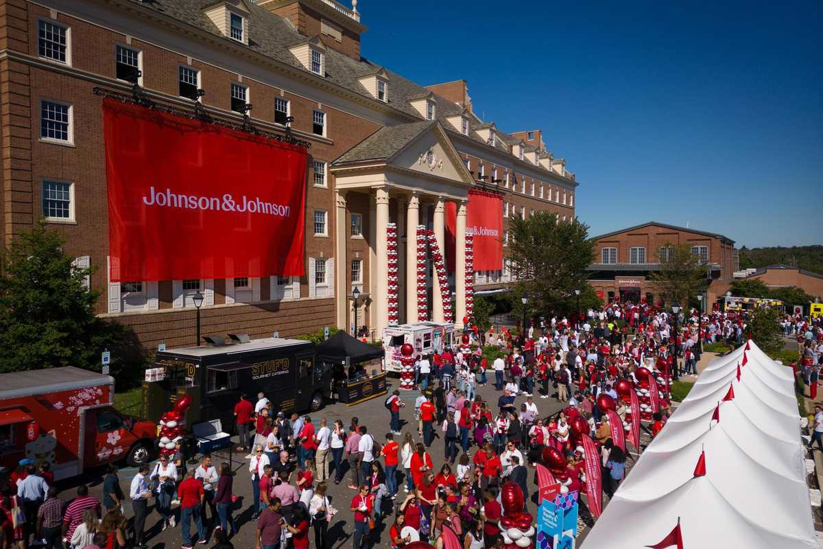Crowds of Johnson & Johnson employees outside the company's world headquarters in New Brunswick