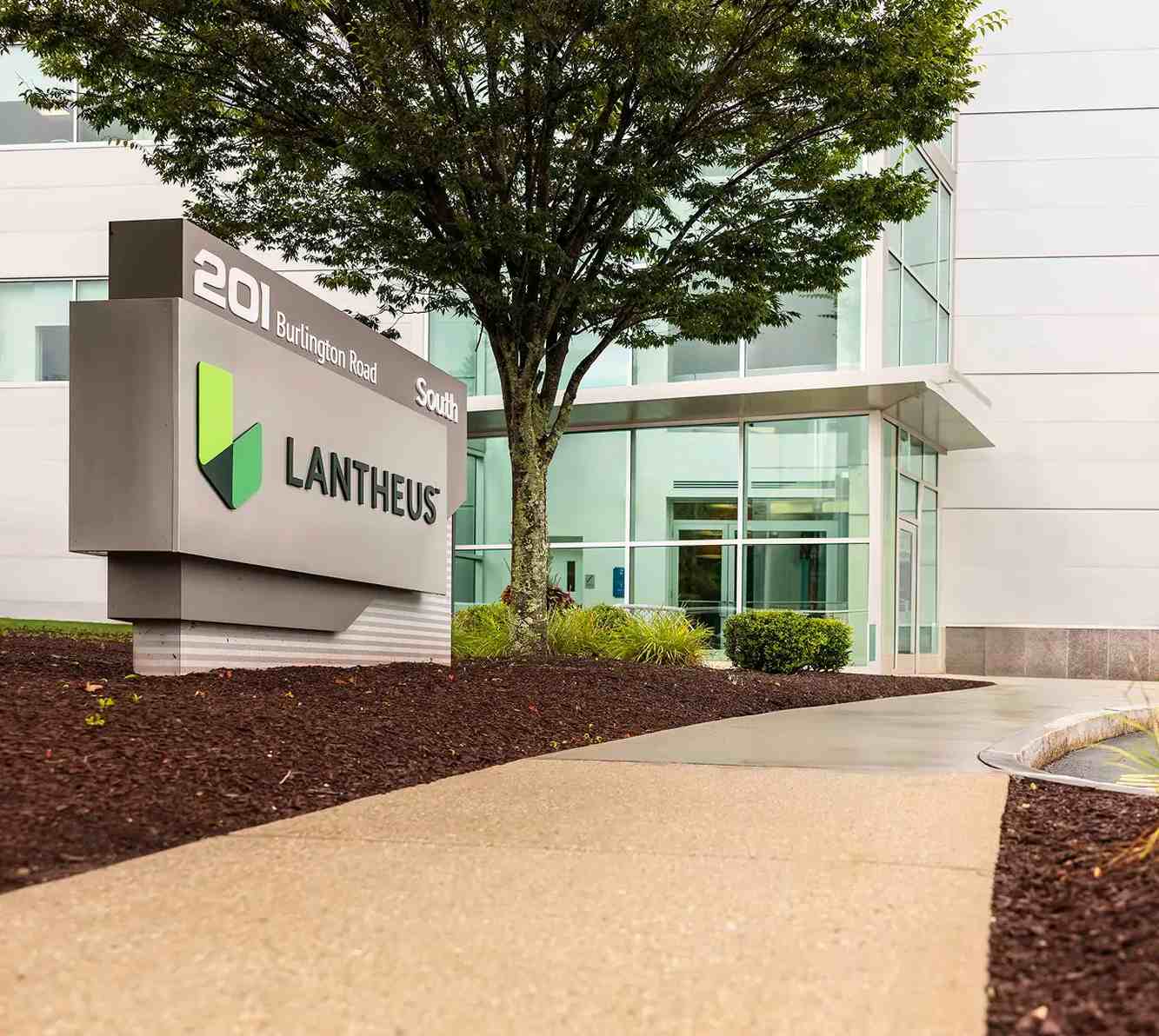 Lantheus signage and landscaping outside its Bedford office