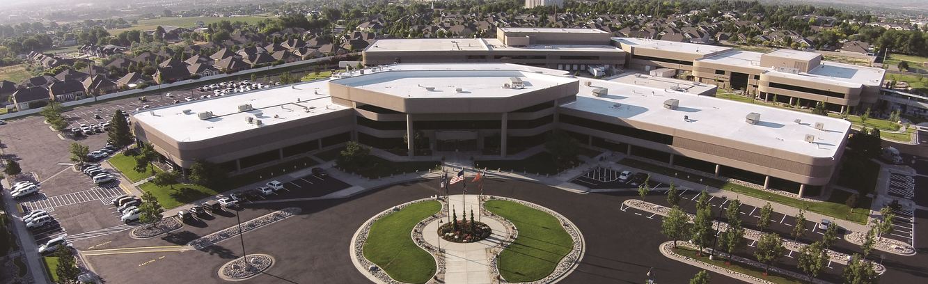 An aerial view of the Merit Medical headquarters campus