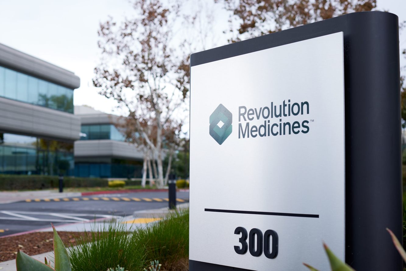 The Revolution Medicines sign in front of its office buildings in Redwood City, California