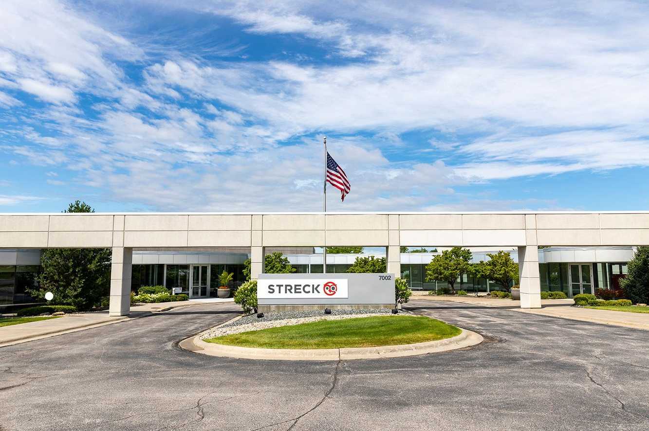The main entrance to Streck’s headquarters building in La Vista