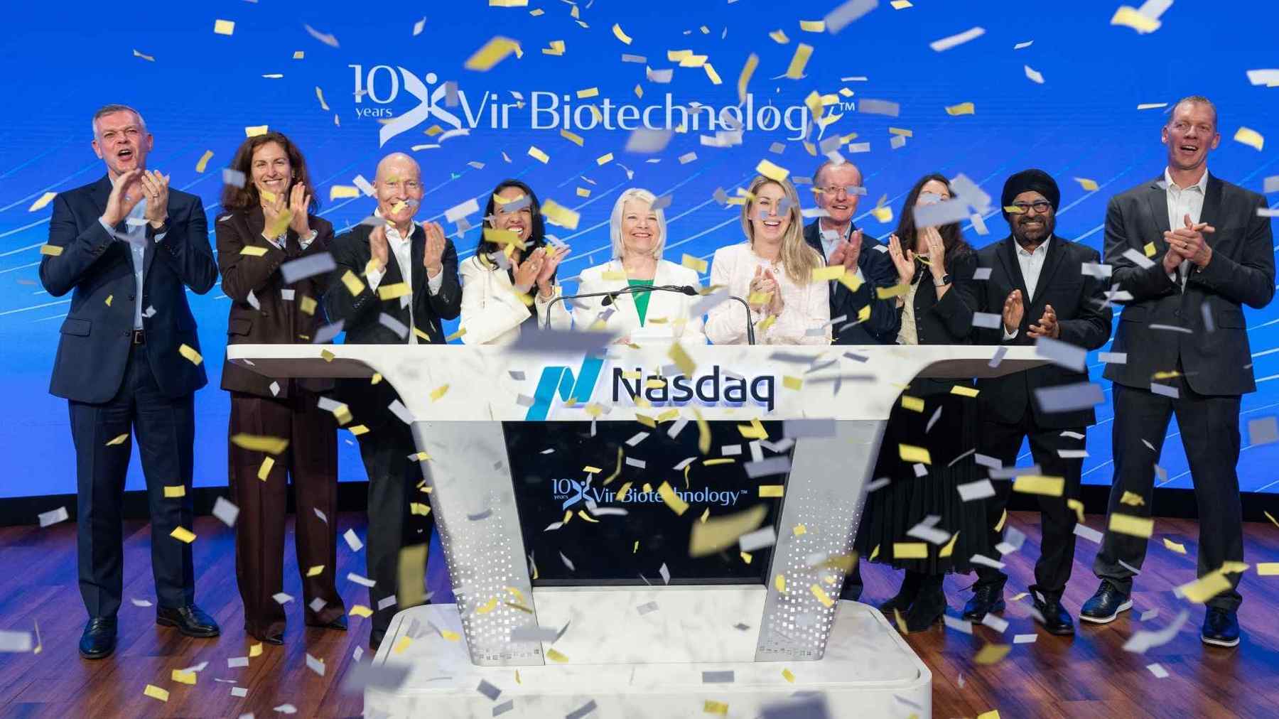 Vir Biotechnology colleagues celebrating the company’s tenth anniversary at the Nasdaq closing bell